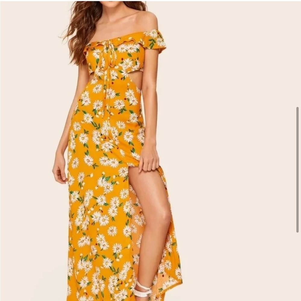 Floral Print Tie Neck Peekaboo Bardot Maxi Dress, size S